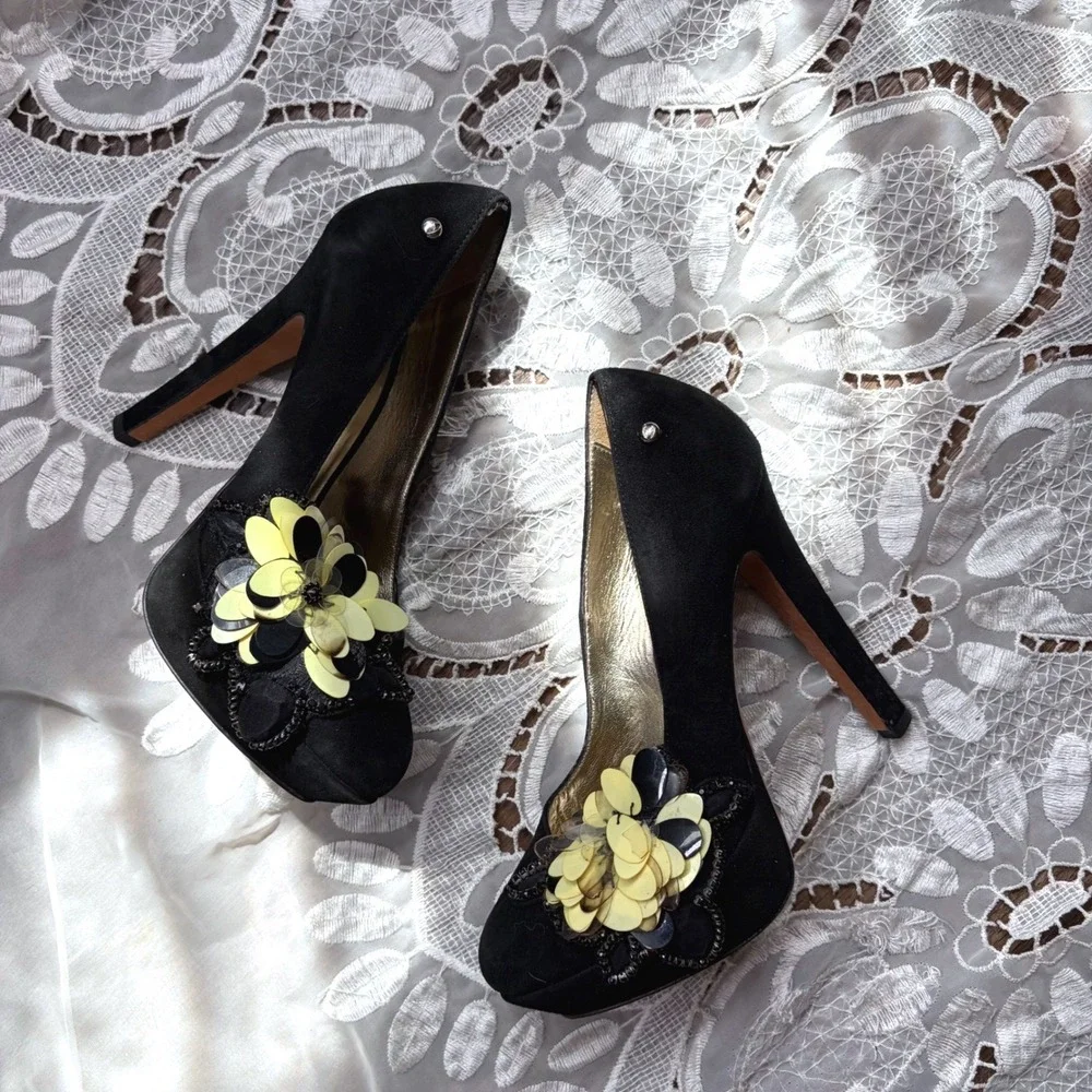 Y2K Just Cavalli Black Suede Floral Sequin Platform Pumps Heels Italy Size 35